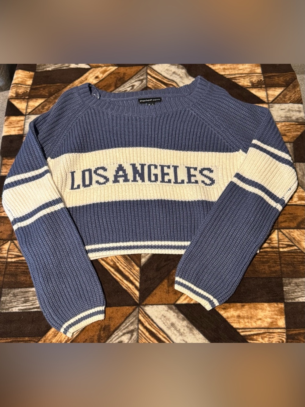 Streetwear Society Blue & Cream 'Los Angeles' Cropped Knit Sweater